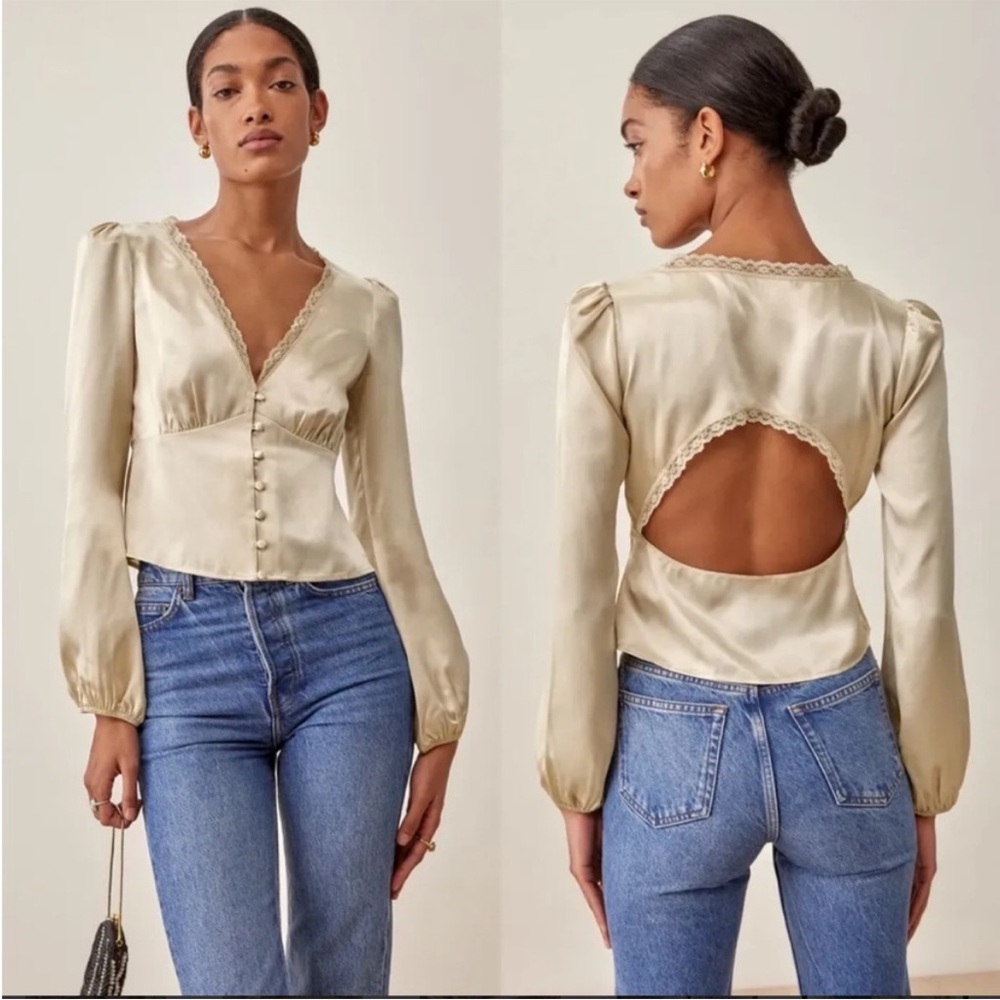 Reformation Cream Peplum Blouse with Long Sleeves
